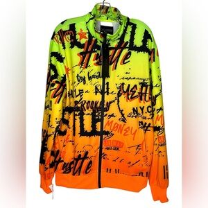 Encrypted Neon Orange Yellow Hustle Brooklyn Try Harder Men's Large Light Jacket